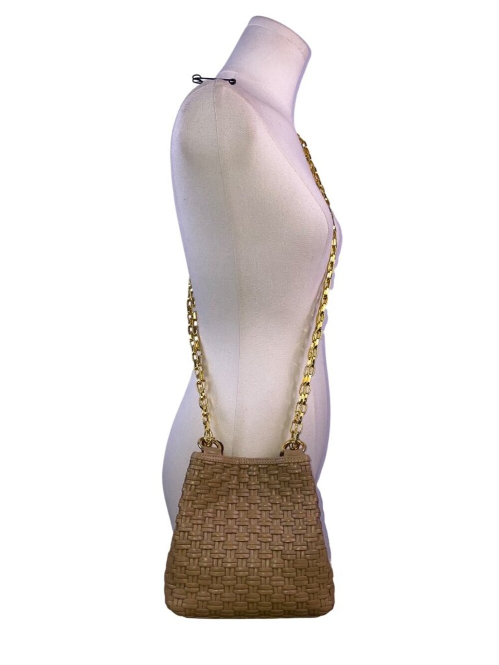 L.J.S Collection Women’s Beige Woven Gold Chain Strap Crossbody Bag - Picture 8 of 9